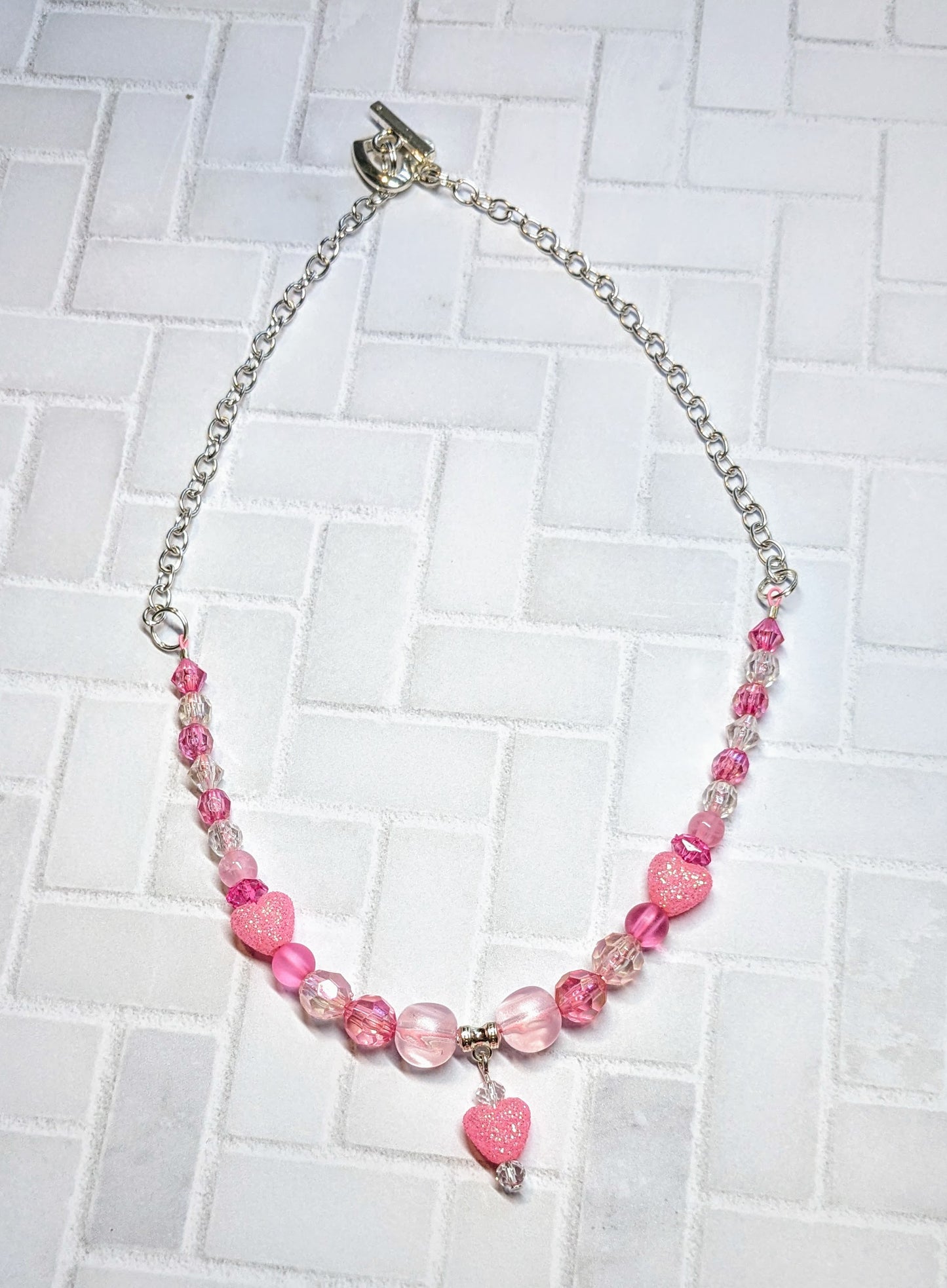 Pink Glitter Heart Beaded Necklace