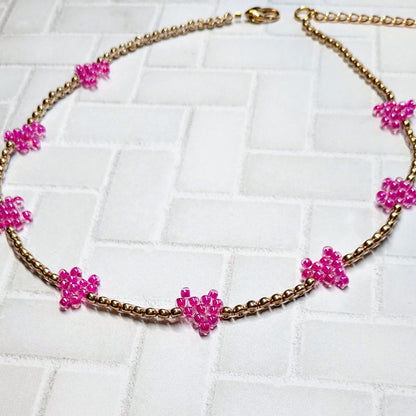 Pink and Champagne Gold Woven Heart Beaded Choker Necklace