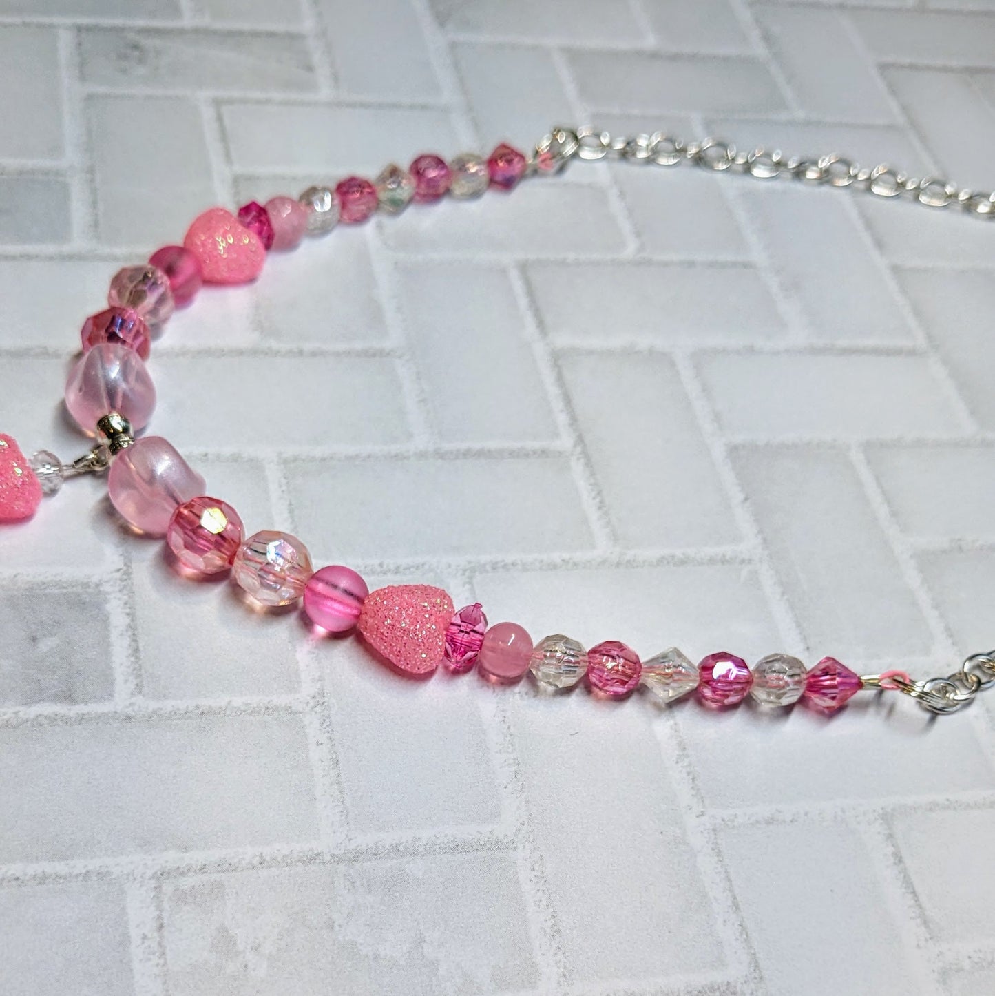 Pink Glitter Heart Beaded Necklace