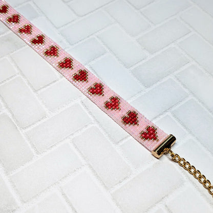 Pink Shimmer Heart Beaded Bracelet