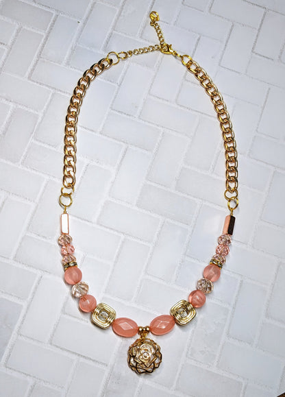 Coral Rose Caged Crystal Beaded Necklace
